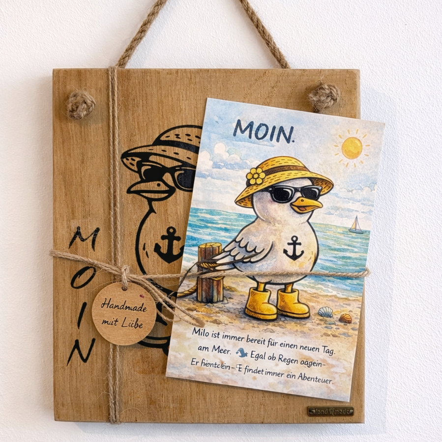 Holzschild Moin Moewe Milo & Mila mit Postkarte Milo, maritime Holzdeko Set, nordische Wanddeko Küste handgemacht
