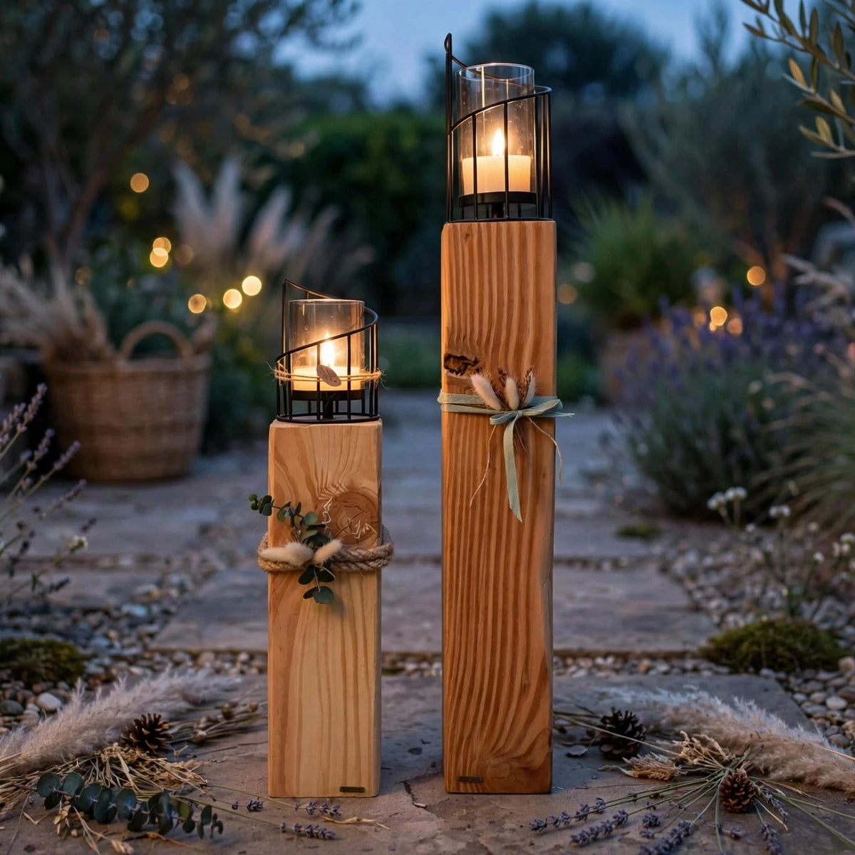 Nordische Windlichter aus massiven Holz im Garten bei gemütlicher Abenstimmung