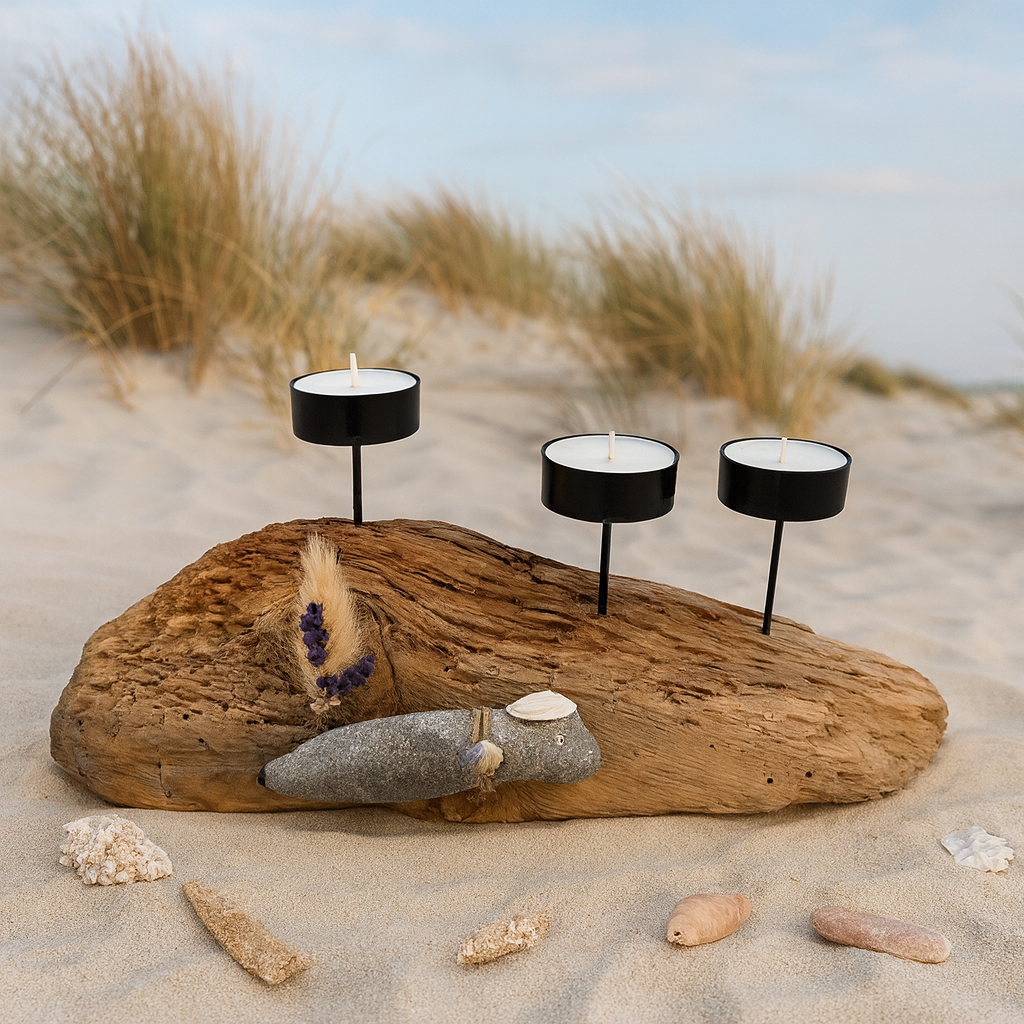 Maritimer Kerzenhalter aus Treibholz auf sandigem Strand, dekoriert mit Steinfigur, Fossil und Teelichthaltern