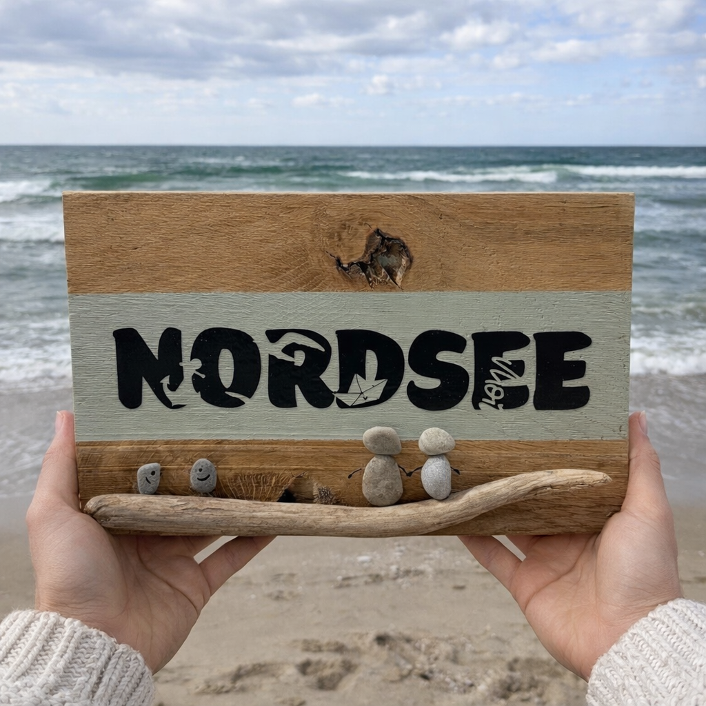 Nordsee Wandbild aus massivem Eichenholz mit Steinfiguren wird vor der Nordsee am Strand in den Händen gehalten - Unikat