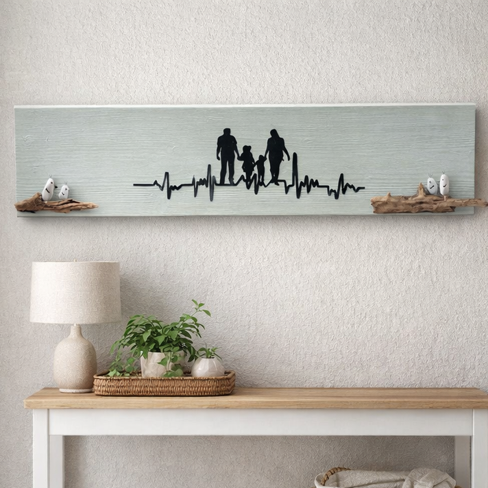 Personalisiertes Familien Wandbild aus Holz mit Herzschlag Motiv und Stein Vögeln auf Treibholz in skandinavischen Flur