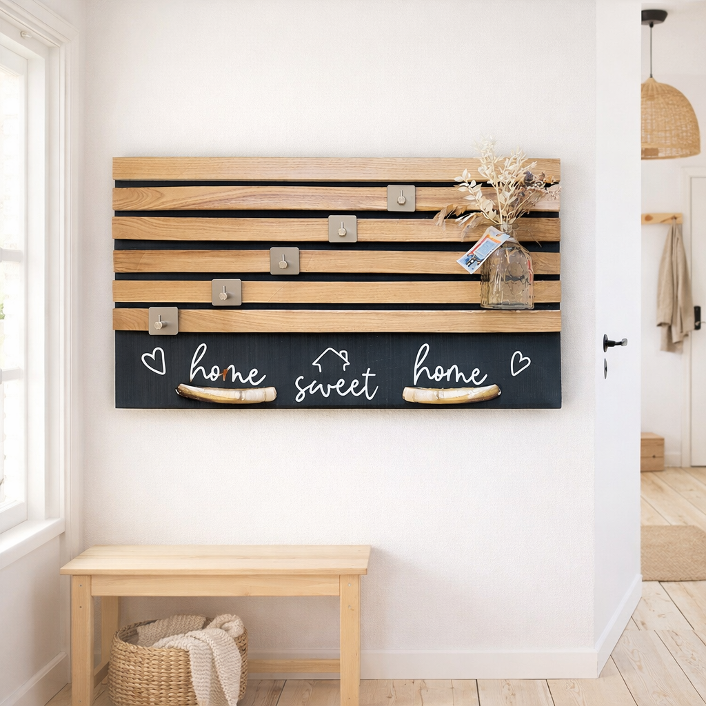 Schlüsselbrett aus Holz skandinavisch mit Vase, Home Sweet Home Schriftzug und Edelstahlhaken im skandinavischen Flur