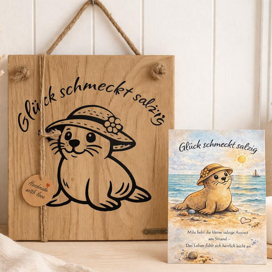 Maritime Wanddeko Holz Set mit Seehund Motiv und Schriftzug Glück schmeckt salzig Holzschild mit Karte im nordischen Stil