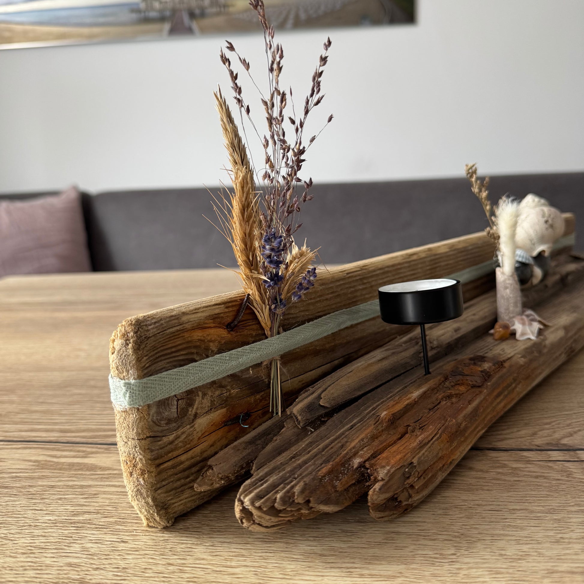 Seitliche Ansicht Treibholz Kerzenhalter mit Naturmaterialien maritime Deko Von Treibholzzauber79 