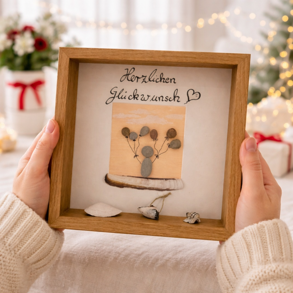 Steinbild „Herzlichen Glückwunsch“ aus Naturmaterialien im Holzrahmen, detailreiche Handmade-Dekoration im nordischen Stil