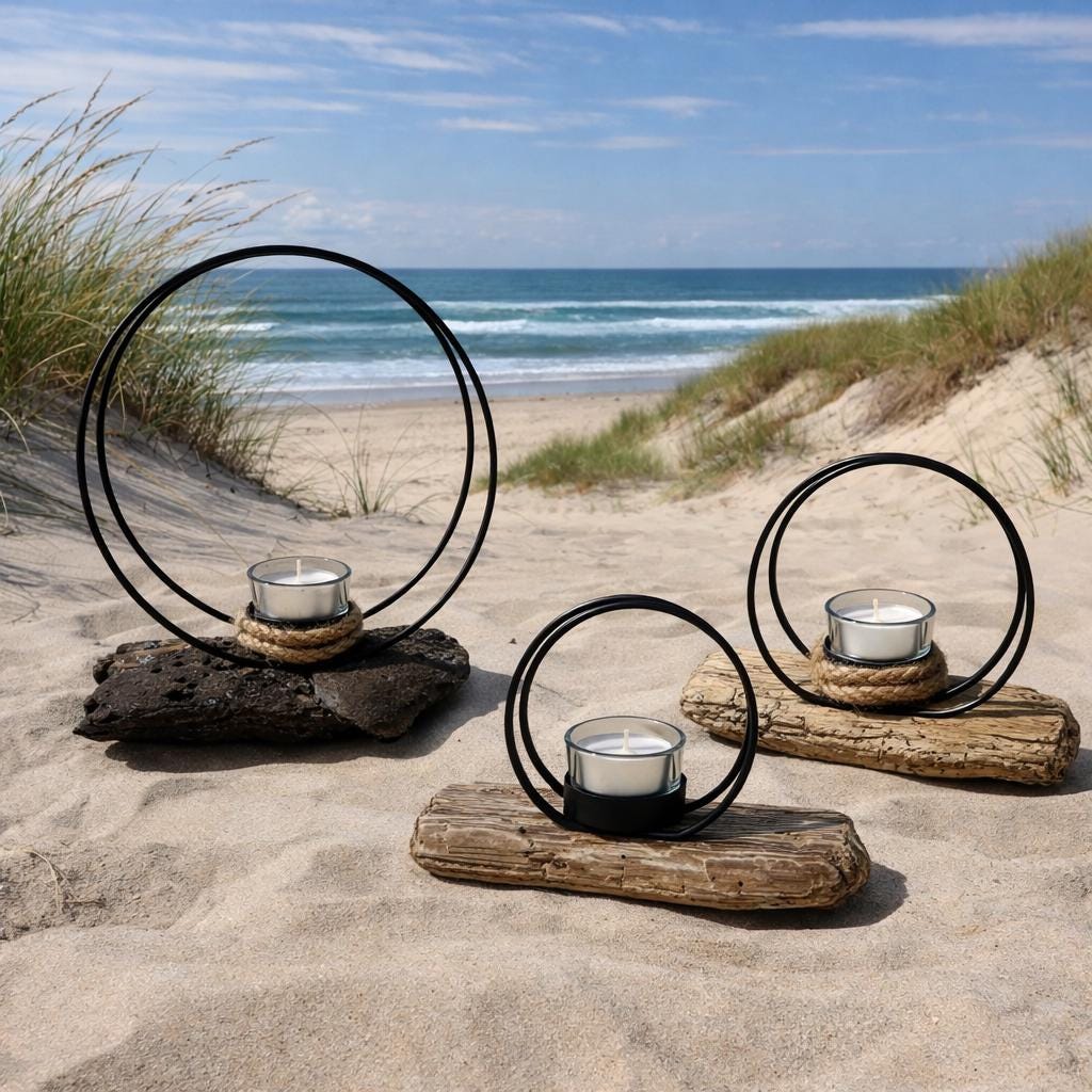 Teelichthalter aus Treibholz mit Metallring am Strand mit Dünen und Meer von Treibholzzauber79