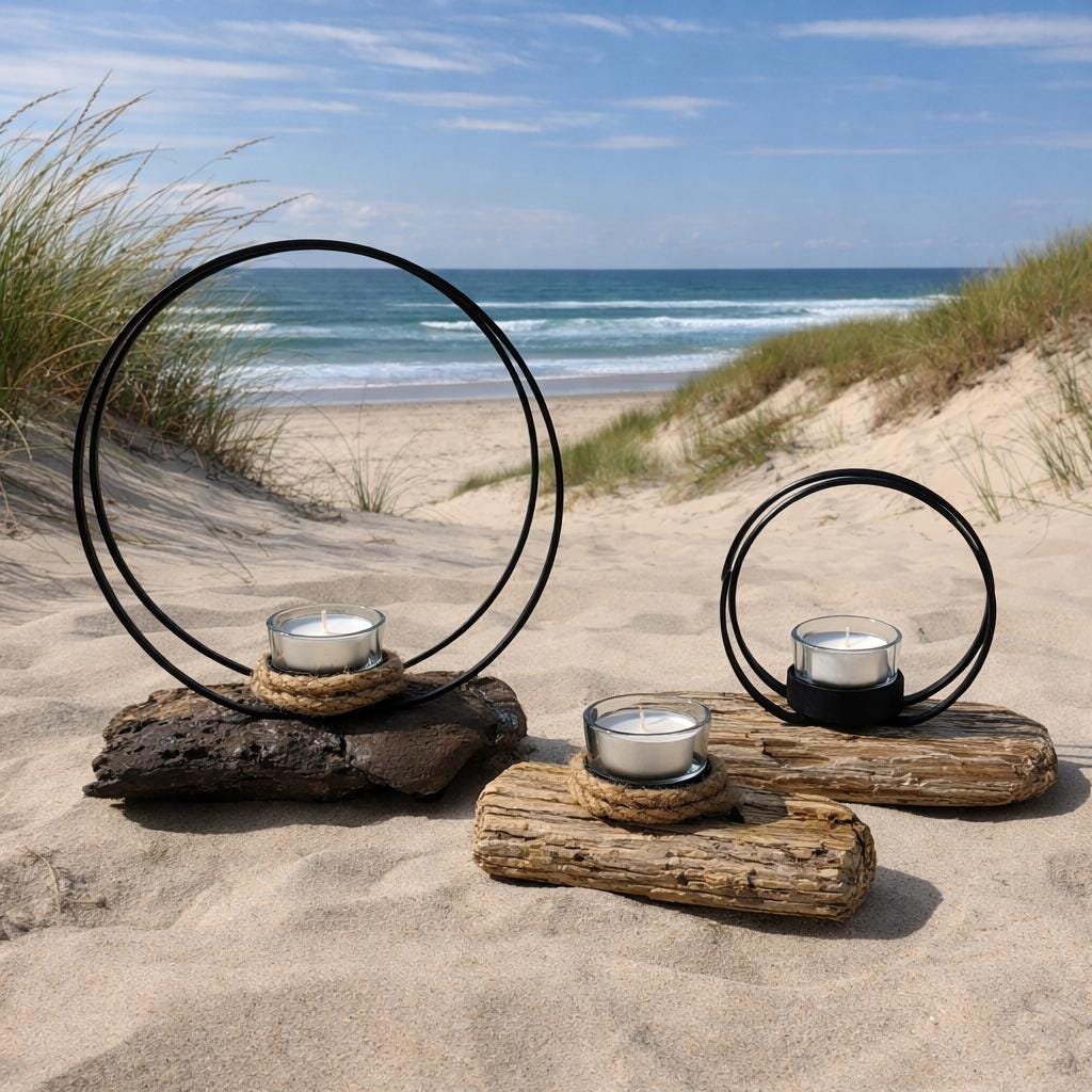 Drei Teelichthalter aus Treibholz mit Metallringen am Strand mit Dünen und Meer