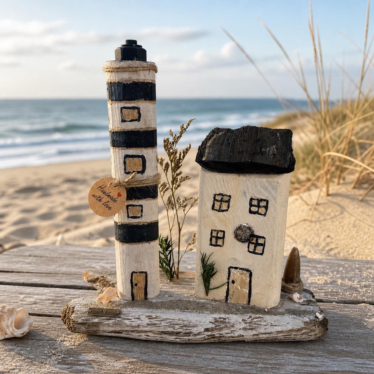 Treibholz Leuchtturm mit Haus, eine maritime Holz Dekoration am Meer
