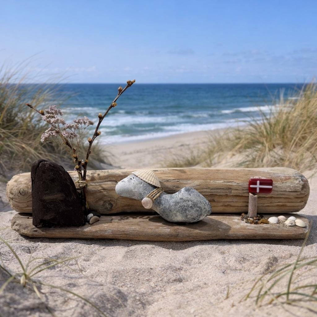 Treibholz Deko in Dünen mit Meer im Hintergrund nordische Küstendeko mit dänischer Flagge und Naturmaterialien