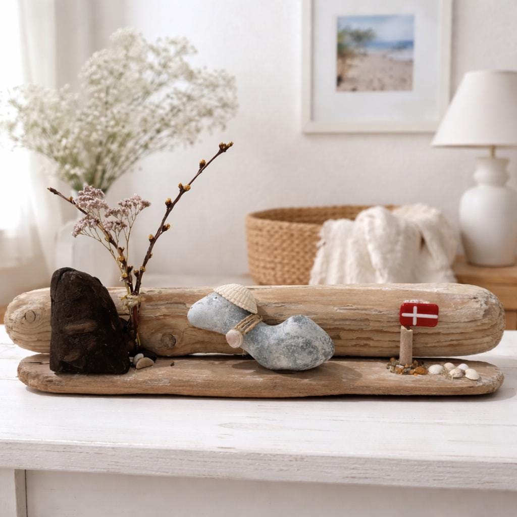 Maritime Treibholz Deko mit Steinskulptur, dänischer Flagge im hellen skandinavischen Raum maritime Wanddeko aus Holz