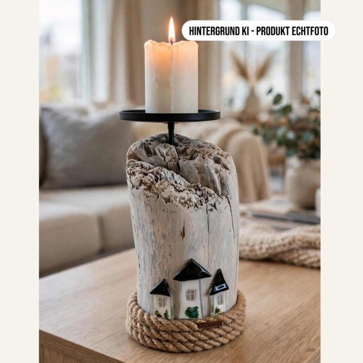 Wohnzimmer Deko – Kerzenhalter Treibholz Häuser auf Holztisch Hygge Stil