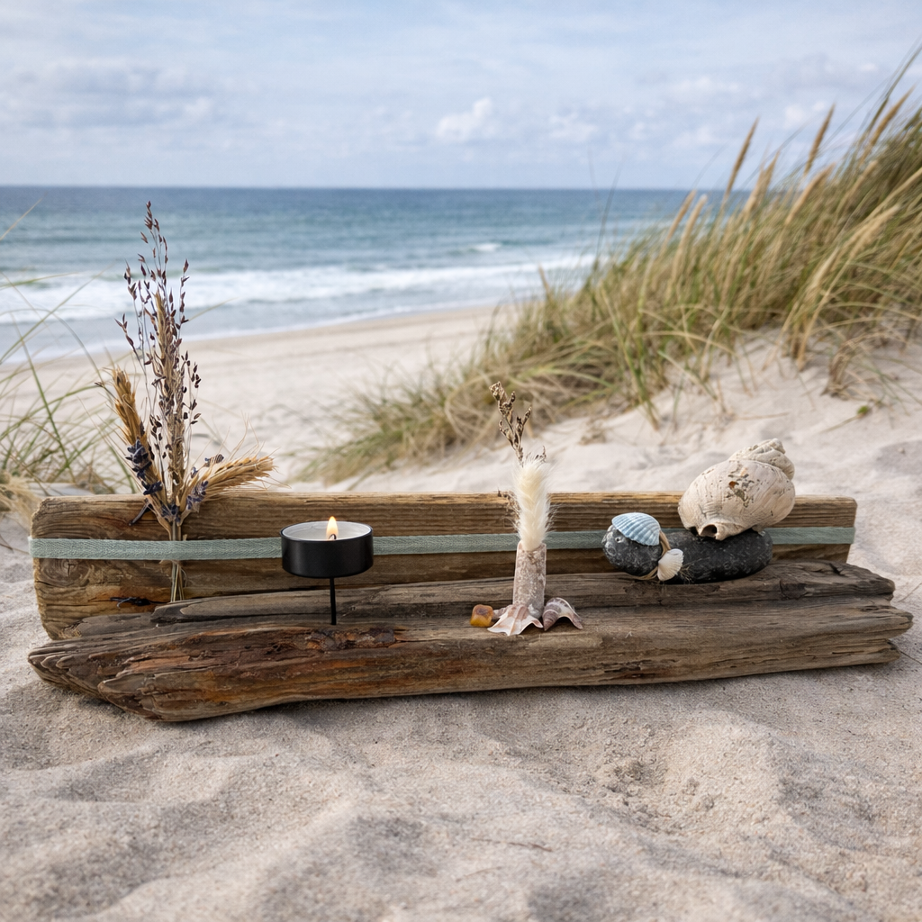 Treibholz Kerzenhalter mit Strandfunden in Dünen am Meer Coastal Deko von Treibholzzauber 79