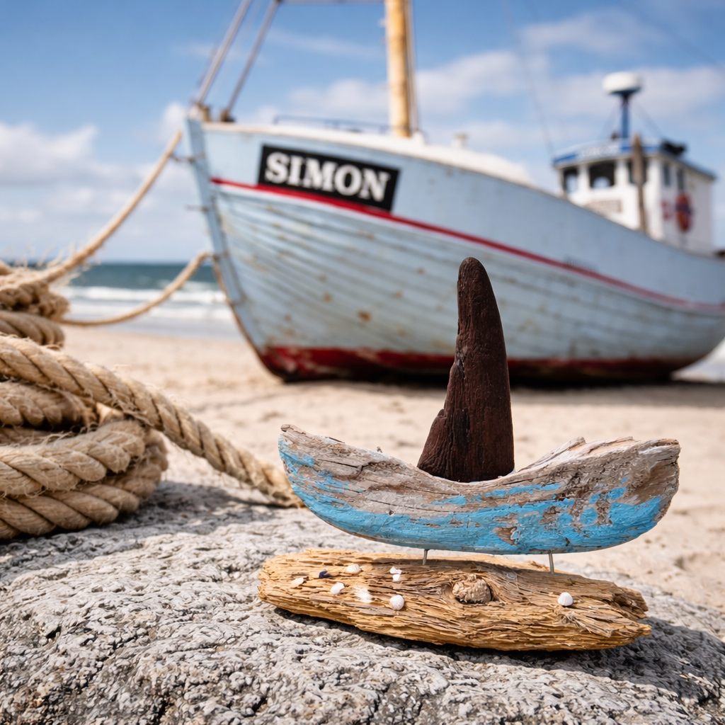 Treibholz Segelboot vor Fischerboot, maritime Inspiration Driftwood Boat Küstendeko von Treibholzzauber79