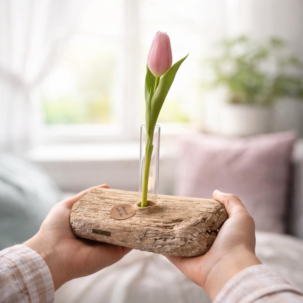 Treibholz Vase Geschenk mit Glasröhrchen und Tulpe, handgemachte maritime Deko