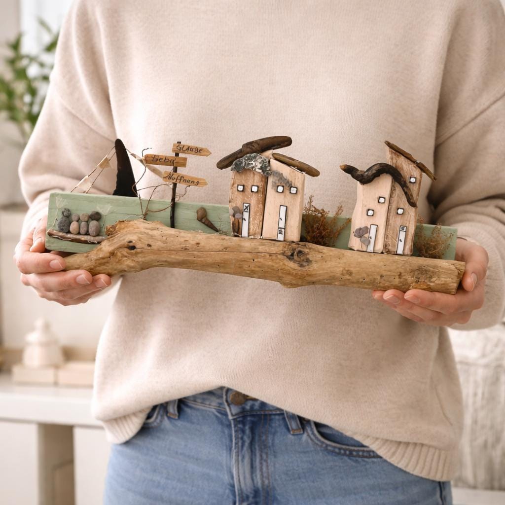 Treibholz Wanddeko mit Mini Häusern und Muscheln im skandinavischen Wohnzimmer maritime Holzdeko von Treibholzzauber79