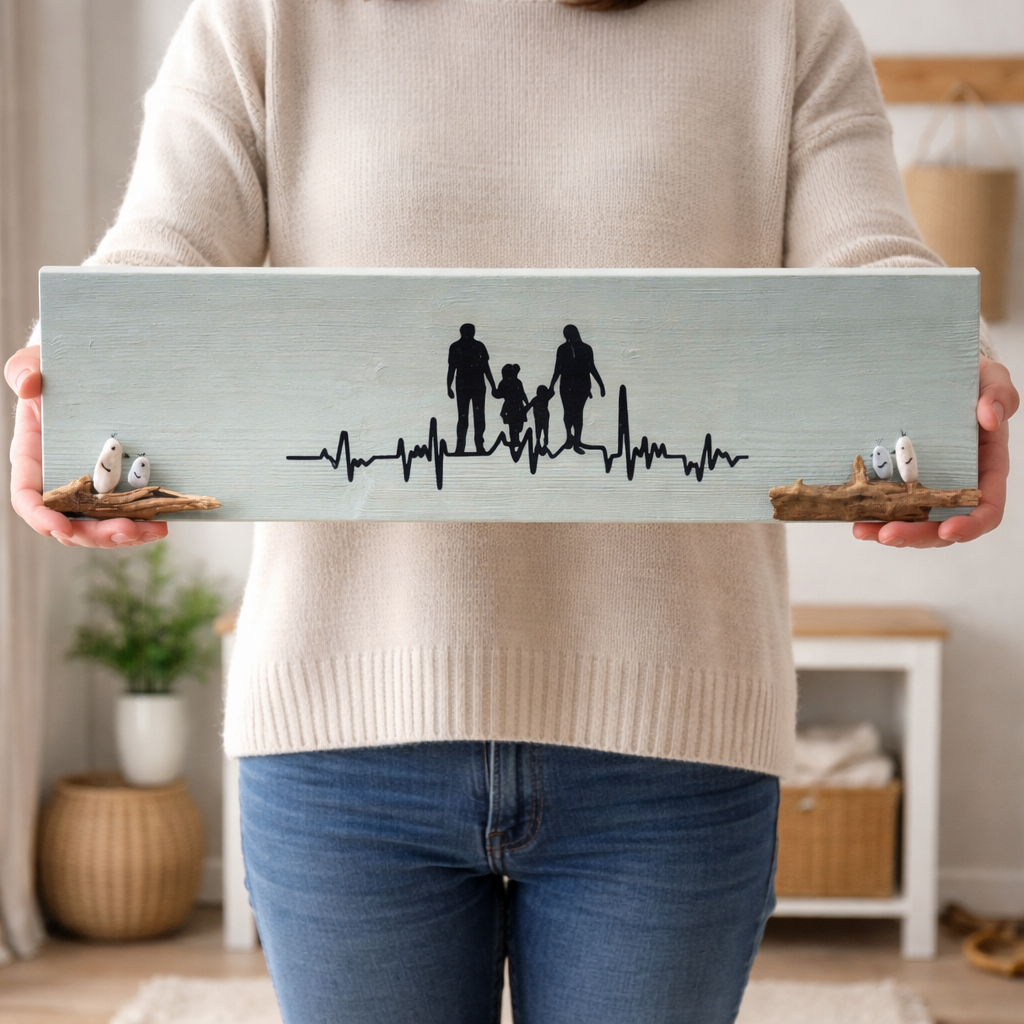 Person hält personalisierbares Familien Wandbild aus Holz mit Herzschlag Linie und Steinfiguren in hellem nordischen Raum