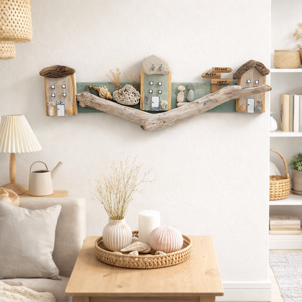 Maritime Wanddeko aus Treibholz mit drei Küstenhäusern, Muscheln, Fossilien und Wegweiser Strand Hafen Surf im Wohnraum