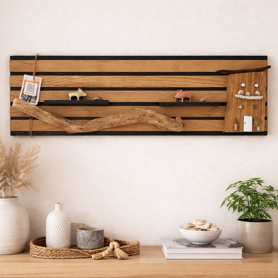 Wandpaneel aus Eiche und Treibholz handgefertigt in hellem skandinavischem Wohnraum auf Sideboard dekoriert