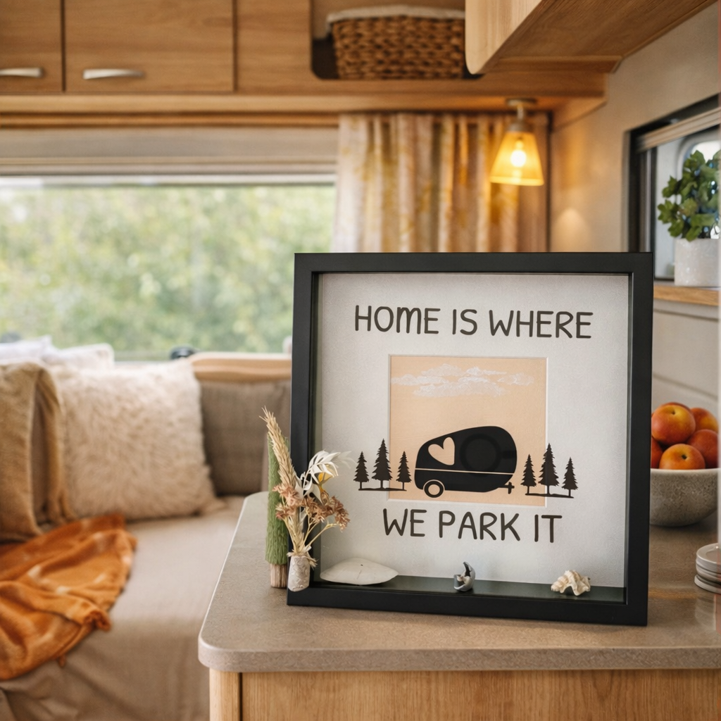 Wohnwagen Deko Bilderrahmen mit Camper Motiv und Schriftzug Home is where we park it im gemütlichen Caravan