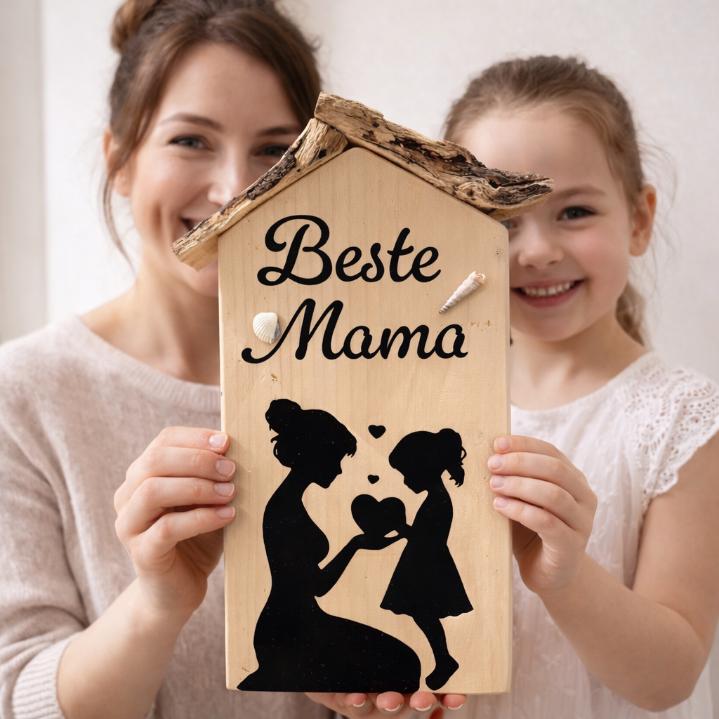 Mutter und Tochter halten gemeinsam das Holzhaus „Beste Mama“, emotionales Muttertagsgeschenk aus Holz