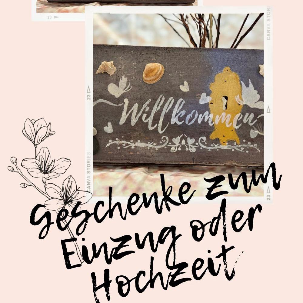 Maritime Vintage Wanddeko mit Schriftzug, Liebe braucht keine Worte, zwei kleinen Holzhäuschen und Strandfunden