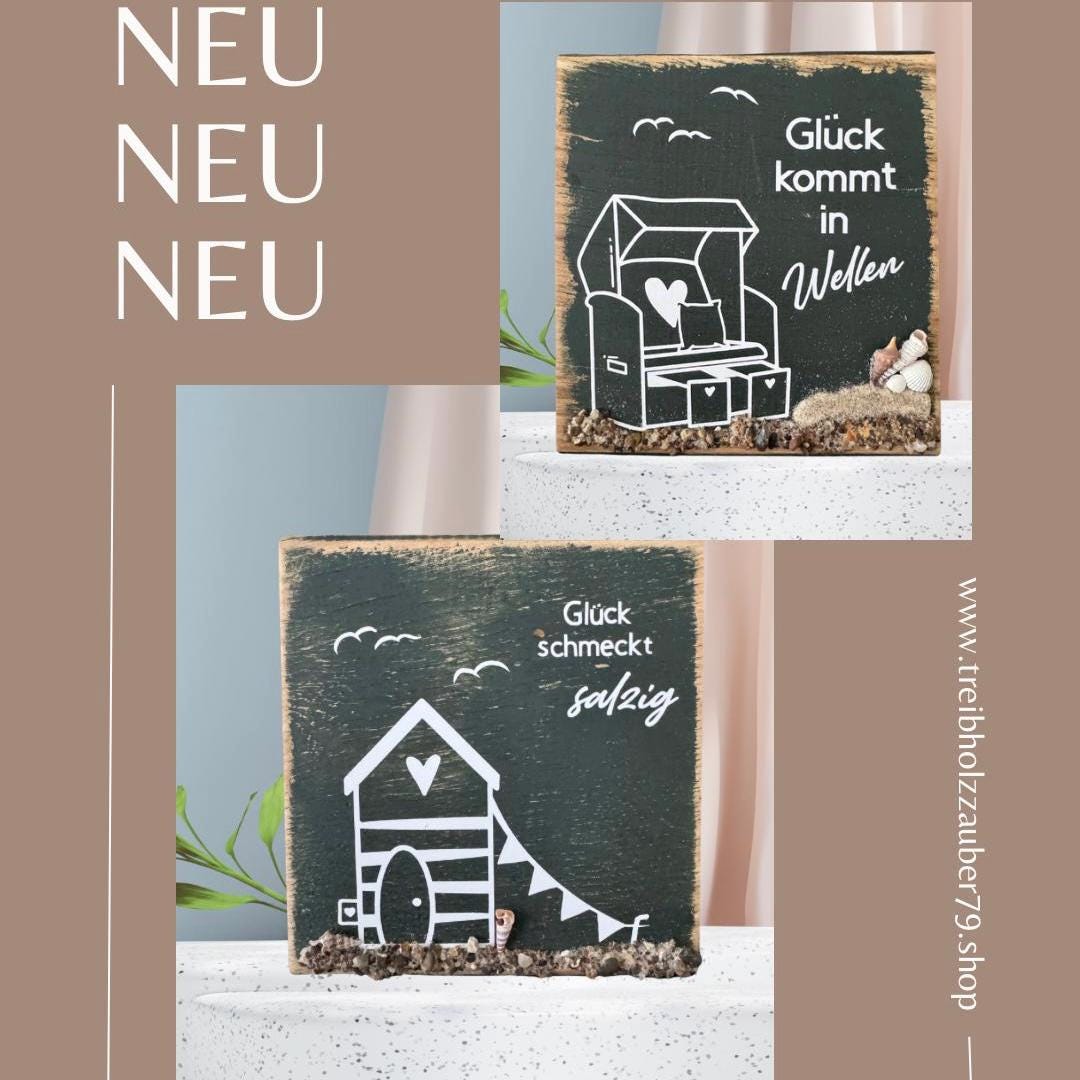 Holzschild „Glück kommt in Wellen“ aus Eiche | Maritime Deko mit Ostsee Steinen & Muscheln | Handgemacht Küsten Geschenk