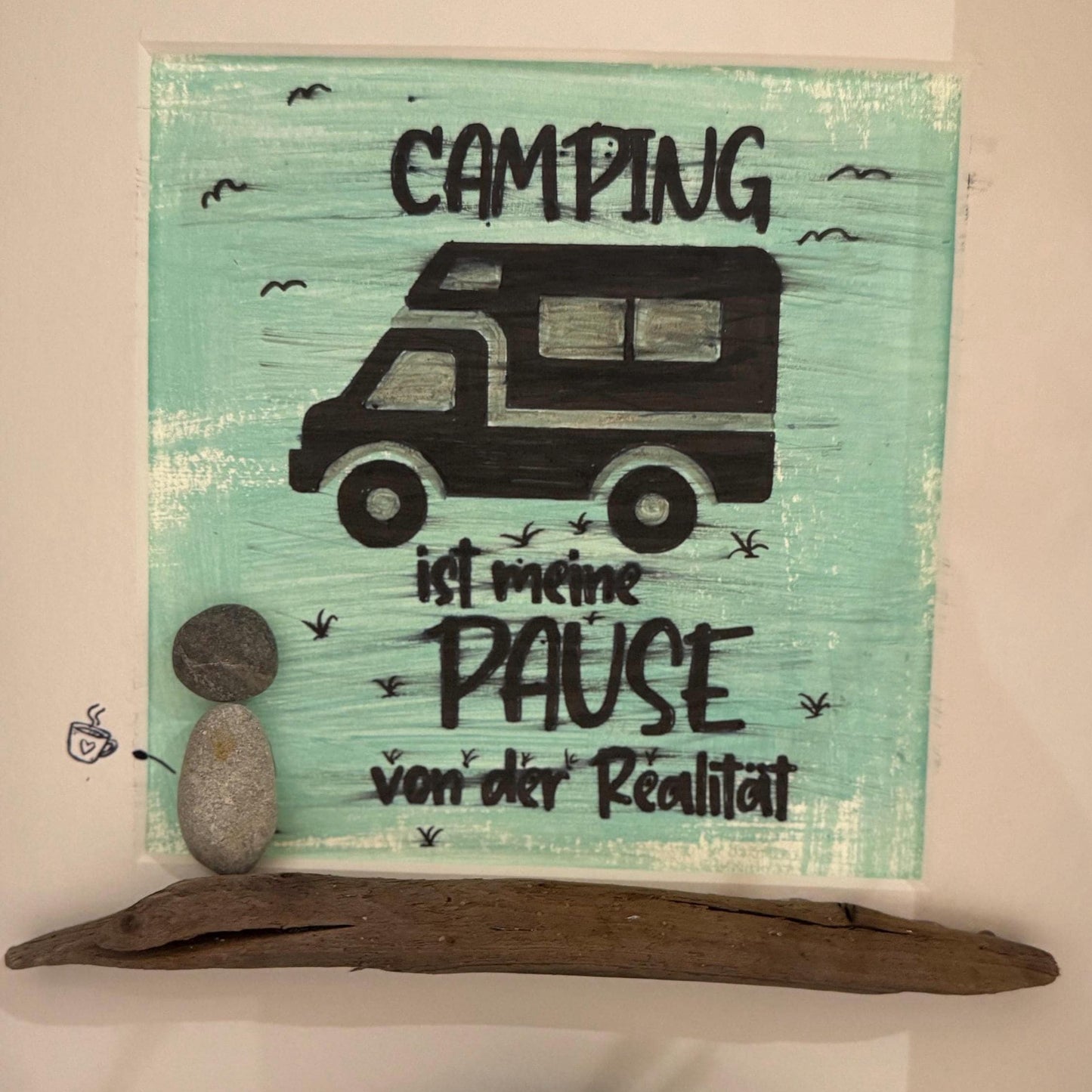 Personalisiertes Steinbild Camper „Camping ist meine Pause" – maritime Wanddeko, handgemacht