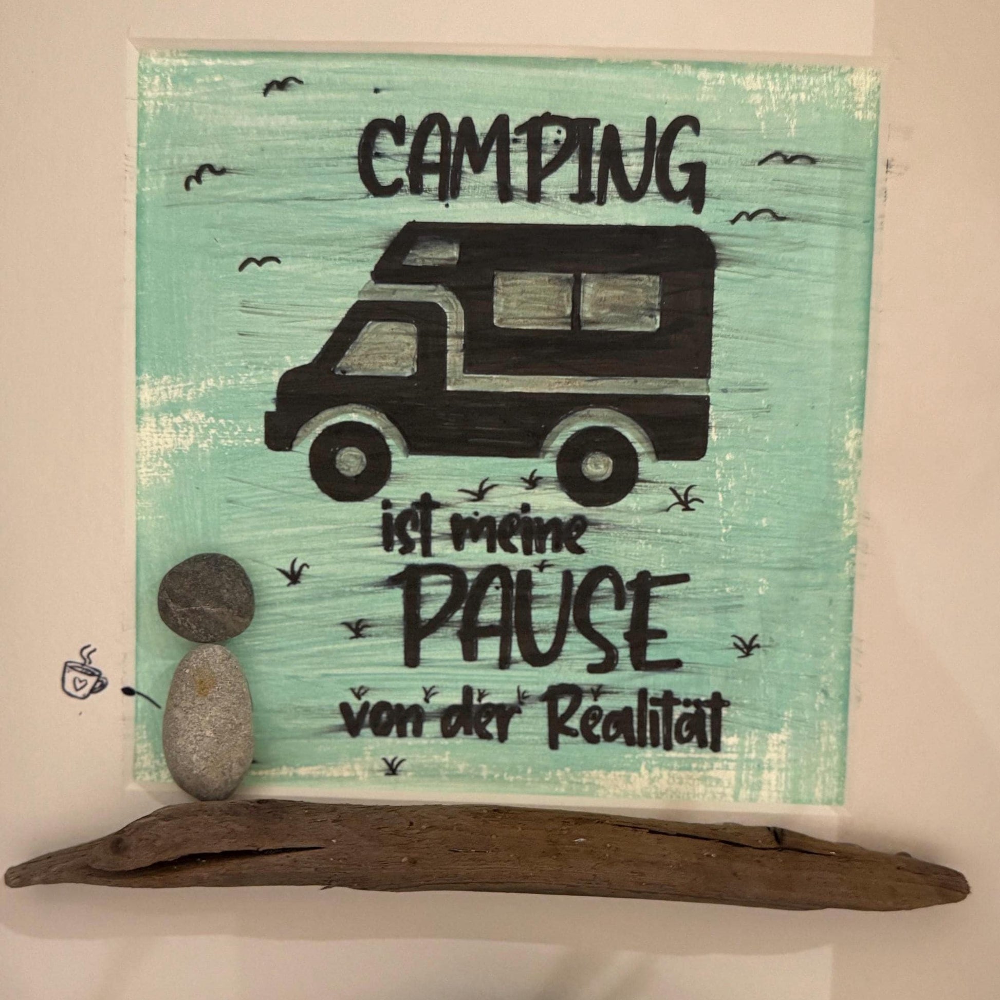 Personalisiertes Steinbild Camper „Camping ist meine Pause" – maritime Wanddeko, handgemacht