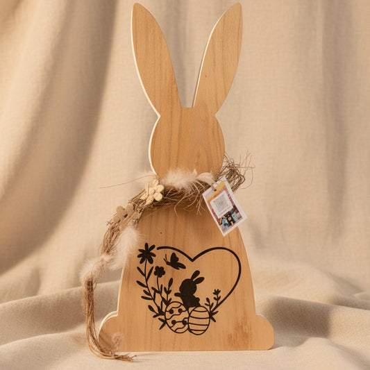 Holzdeko-Hase aus Naturholz mit schwarzem Oster-Motiv, verziert mit Federn und Kranz, handgemacht im rustikal-nordischen Stil