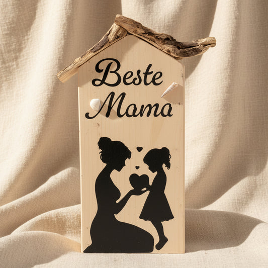 Kleines Deko Haus Holz für die beste Mama, maritime Holzhäuschen als Geschenk für die Mutter – Handmade aus Holz – Treibholz