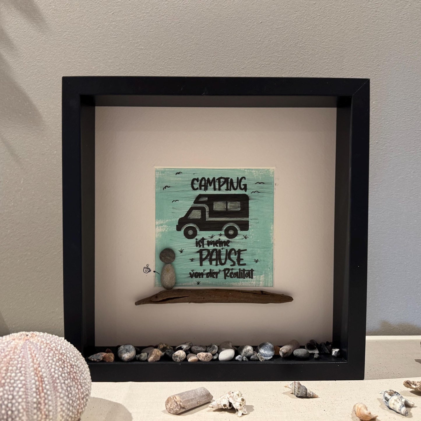 Camping Bilderrahmen schwarz Treibholz Steinfigur Vanlife Deko von Treibholzzauber79