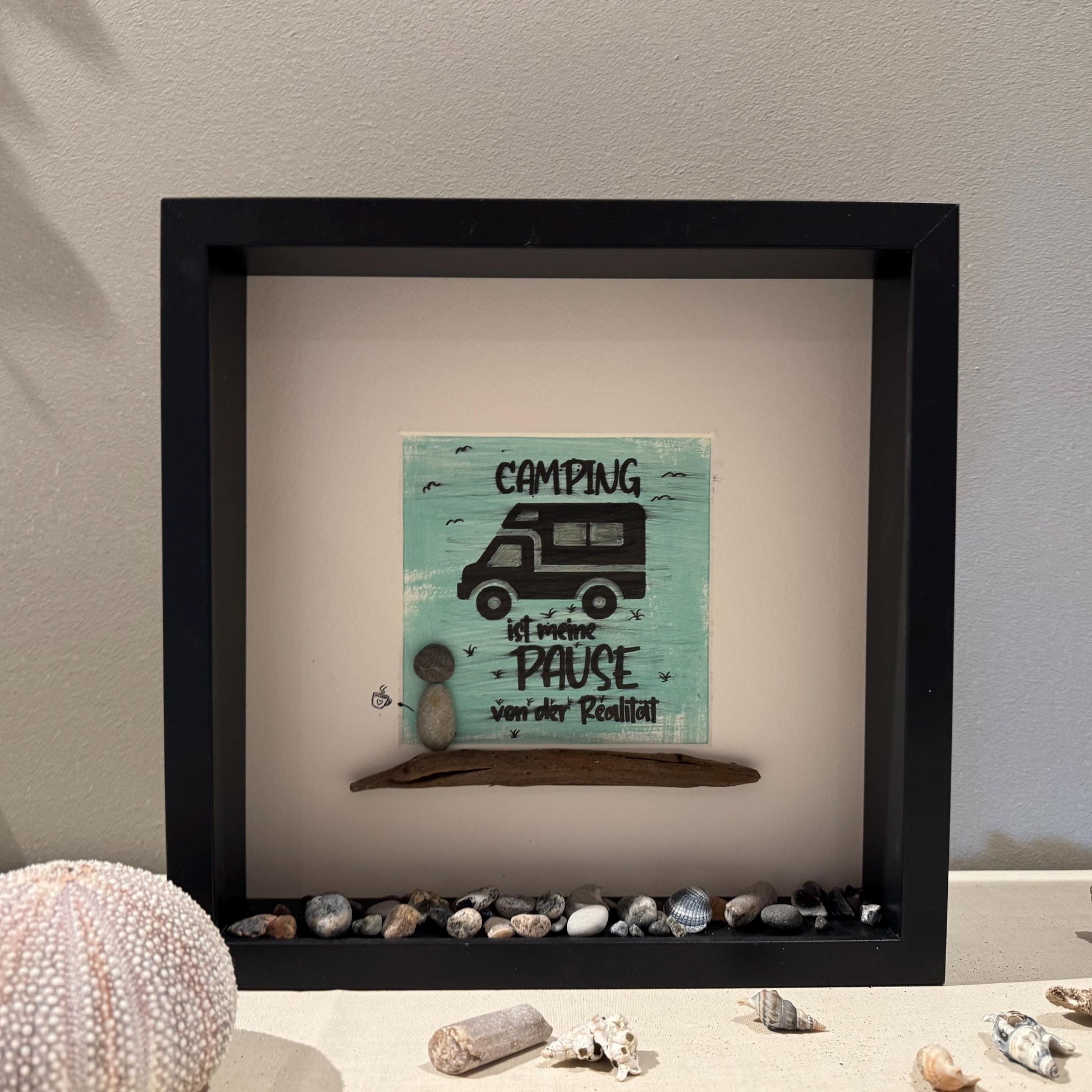 Camping Bilderrahmen schwarz Treibholz Steinfigur Vanlife Deko von Treibholzzauber79