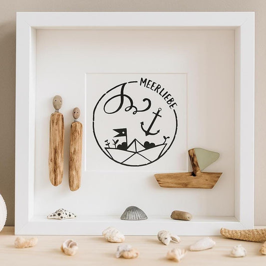 Handgemachtes Steinbild Meerliebe nach Pepple Art & maritimer Treibholz Deko im Bilderrahmen – Einzigartige Wandkunst
