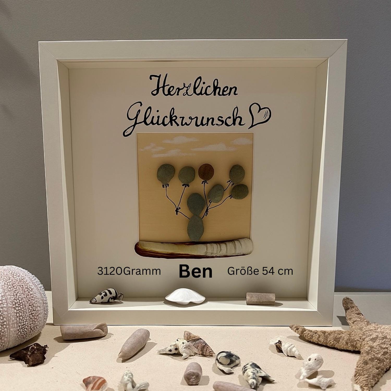Maritime Steinbild Kunst im personalisierten Bilderrahmen mit maritimer Deko & Kieselstein-Bild – Einzigartige Geschenkidee