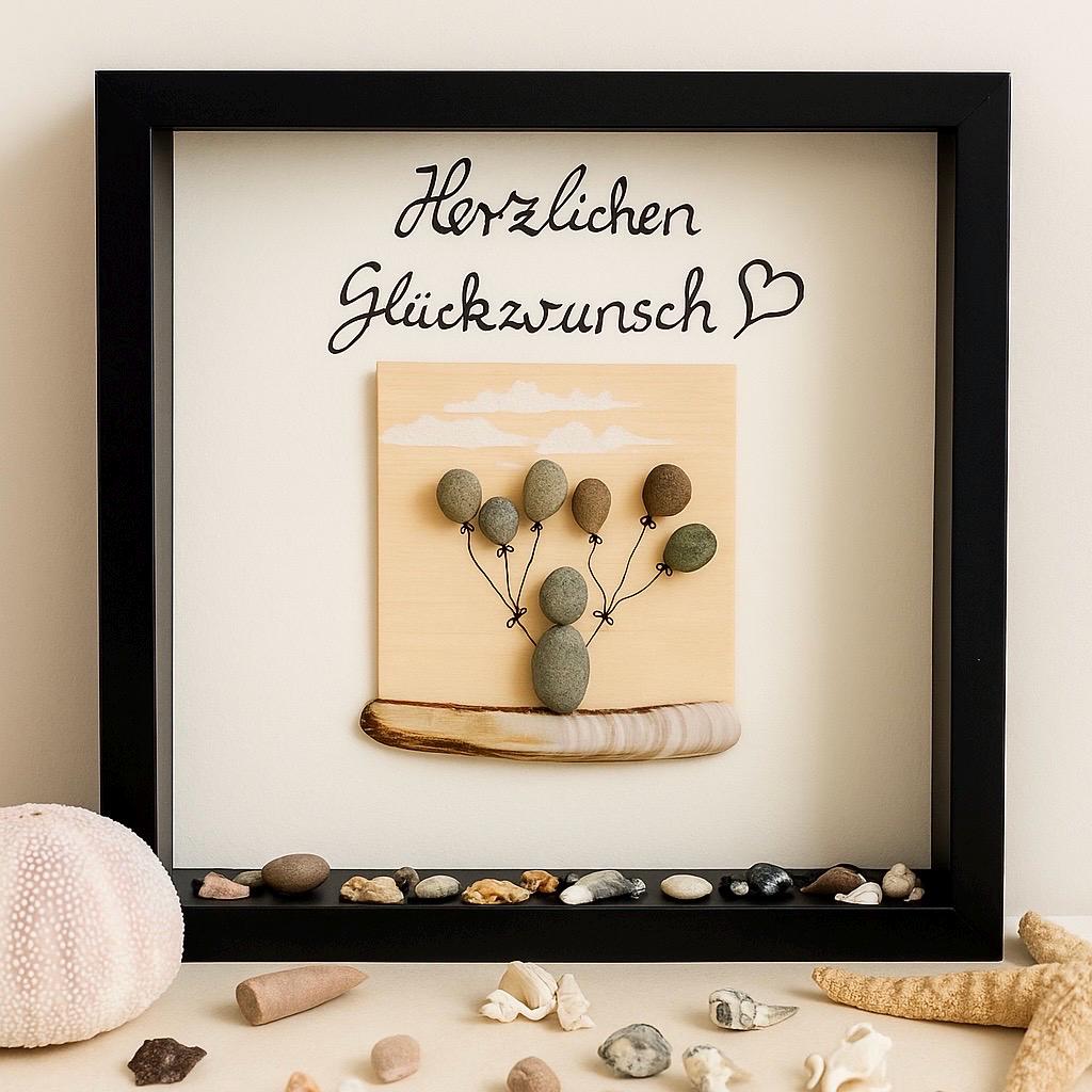Handgefertigtes personalisiertes Glückwunsch Geschenk, ein Steinbild „Herzlichen Glückwunsch“ im Holz-Schattenrahmen,