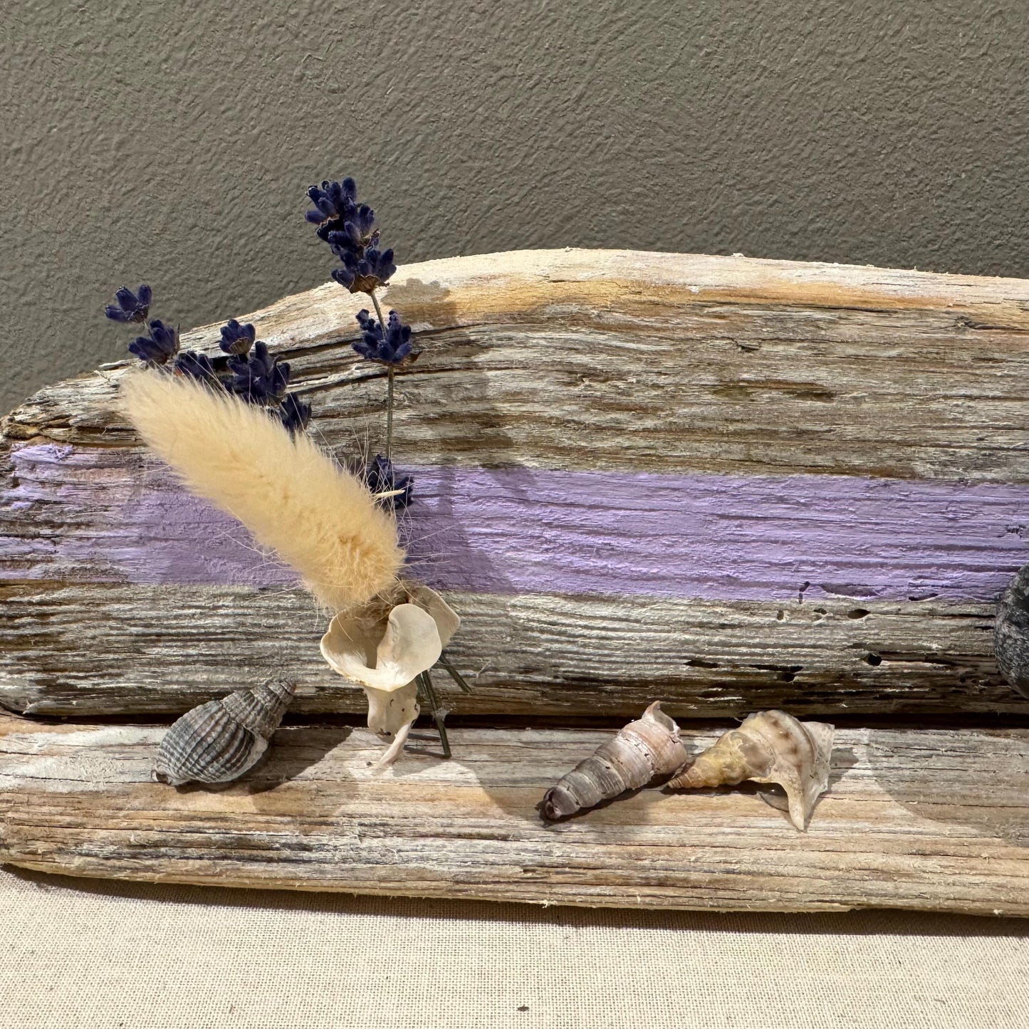 Maritime Treibholz Deko mit kleiner Steinfigur und Muscheln, liebevoll arrangiert auf Treibholz vor einer gemütlichen Couch.