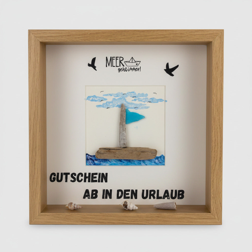 Handgemachter Bilderrahmen aus Eiche mit Steinbild - Segelboot nach Pepple Art