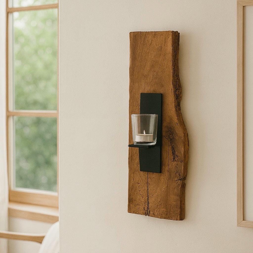 Ein Wandkerzenhalter aus Holz mit einem schwarzen Metallregal und einem klaren Glas-Votiv. Das Holz hat eine natürliche Kante
