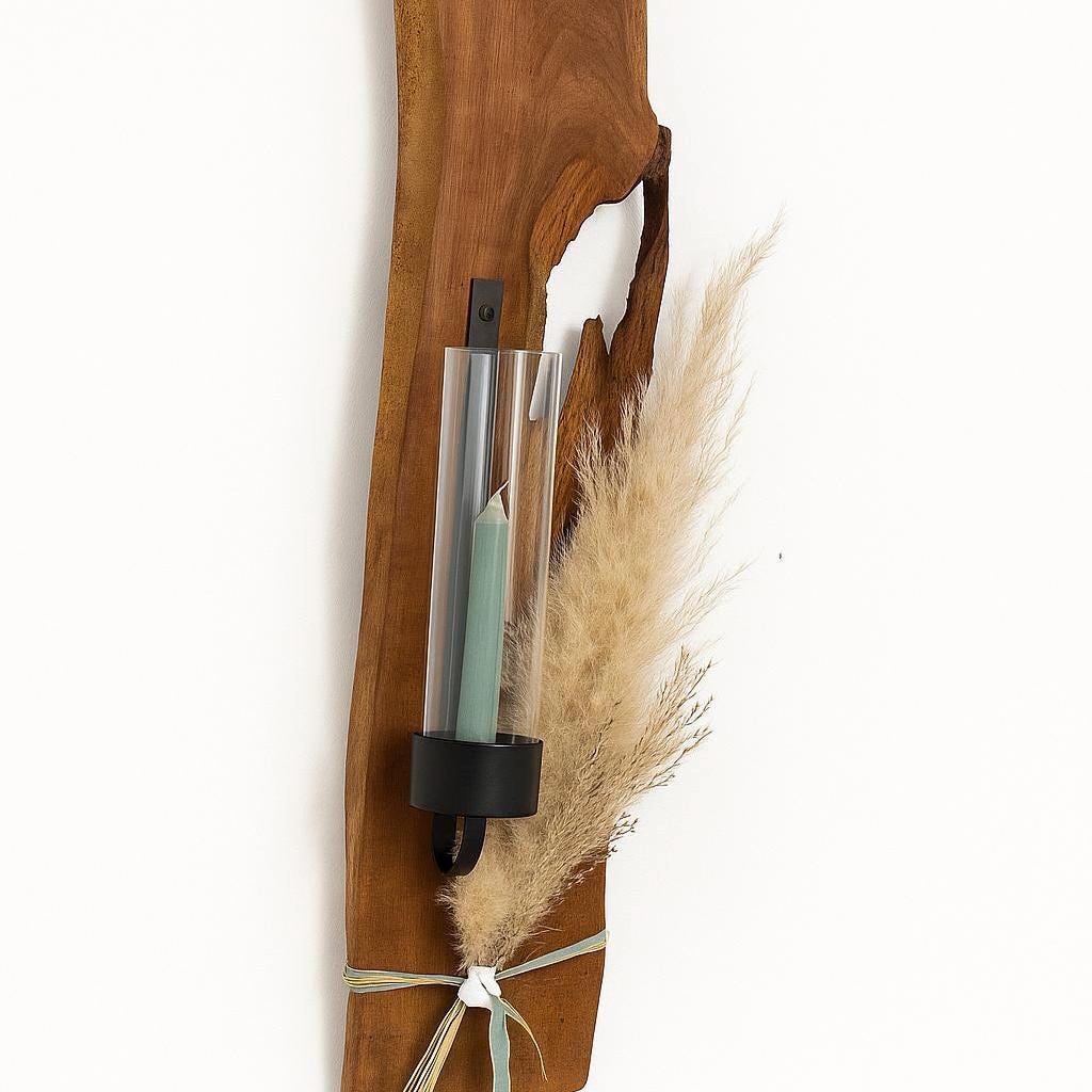 Wandkerzenhalter aus Holz Eiche mit Glas, Handmade Geschenke, natürlicher Blickfang für gemütliche Wohnatmosphäre.