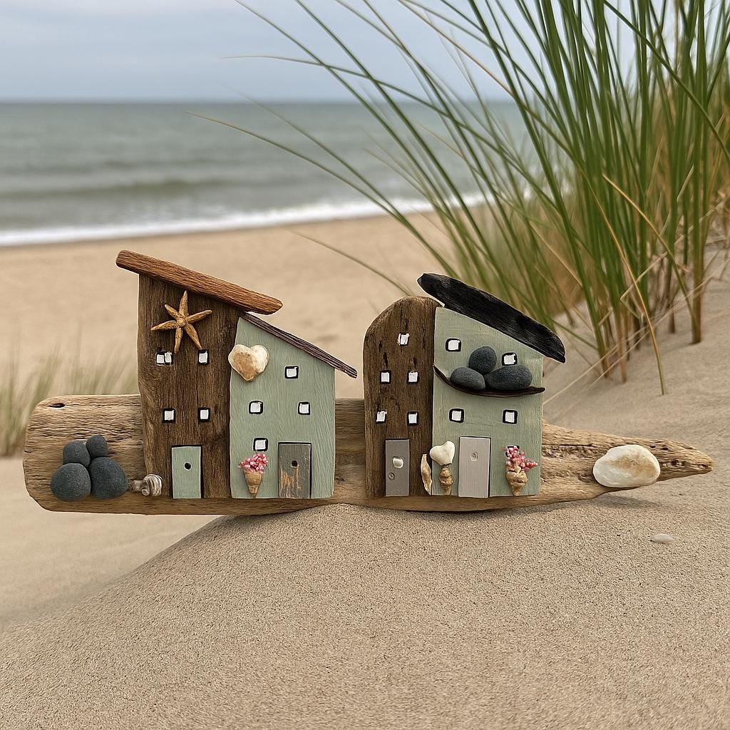 Maritimes Wandbild aus Treibholz - Strandgut Kunst aus Dänemark - Handgemachte Wanddeko Unikat 50x21 cm - Maritime Wanddeko