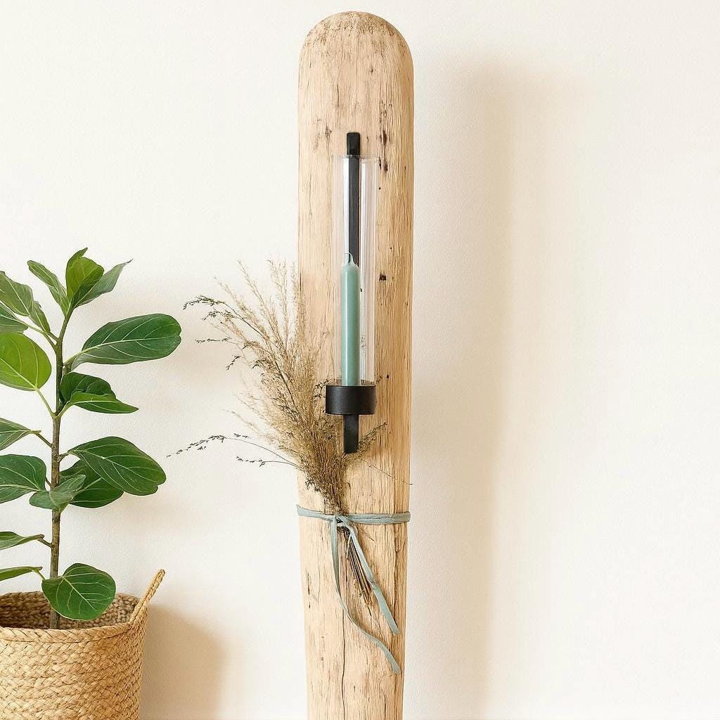 Rustikale Wandleuchte aus Holz mit einem transparenten Glasrohr und einem schwarzen Kerzenhalter aus Metall.