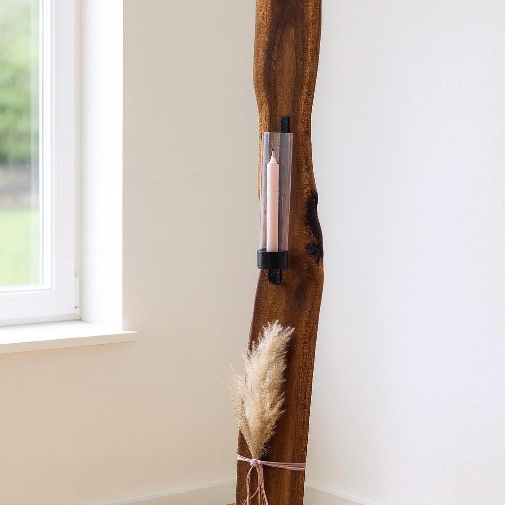 Ein hoher, rustikaler Kerzenhalter aus Holz mit einem Kerzenhalter aus schwarzem Metall und Glas von Treibholzzauber79