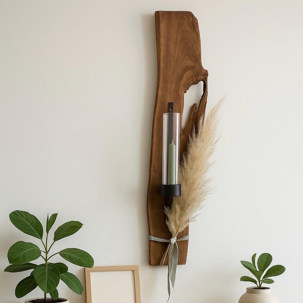 Ein Wandkerzenhalter aus Holz mit natürlicher Kante. Er verfügt über einen schwarzen Metallkerzenhalte von Treibholzzauber79