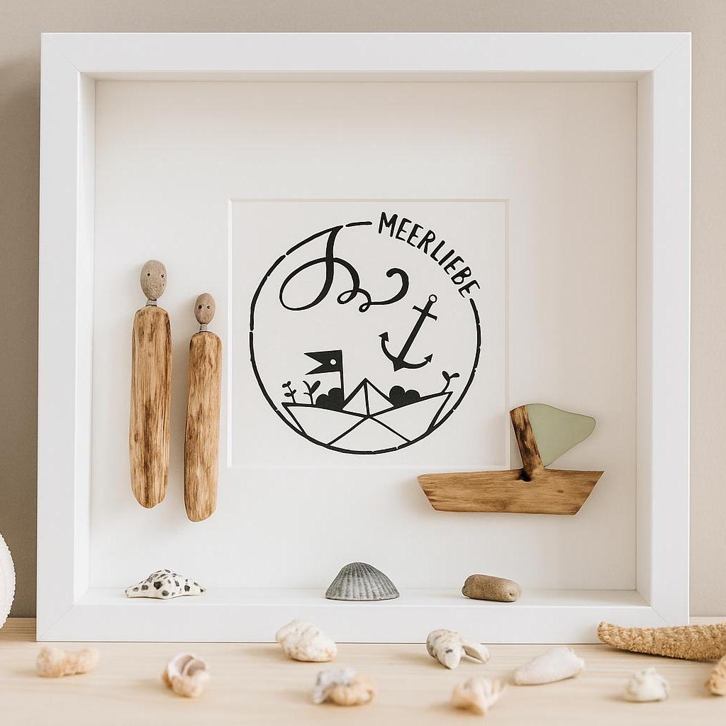 Steinbilder mit Sprüchen "Meerliebe" & Nordsee Deko 27cm schwarz. Maritimes Wandbild mit Treibholz Deko als Handmade Geschenke, Bilderrahmen – Handmade aus Treibholz Nordsee, Meerglas, Ostsee Steine, 3d Rahmen, Bilderrahmen, Vinyl von Treibholzzauber79