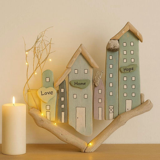 Beleuchtete Häuser aus Treibholz – „Love, Home & Hope“ – Maritime Deko mit Lichterkette - Handmade Geschenke