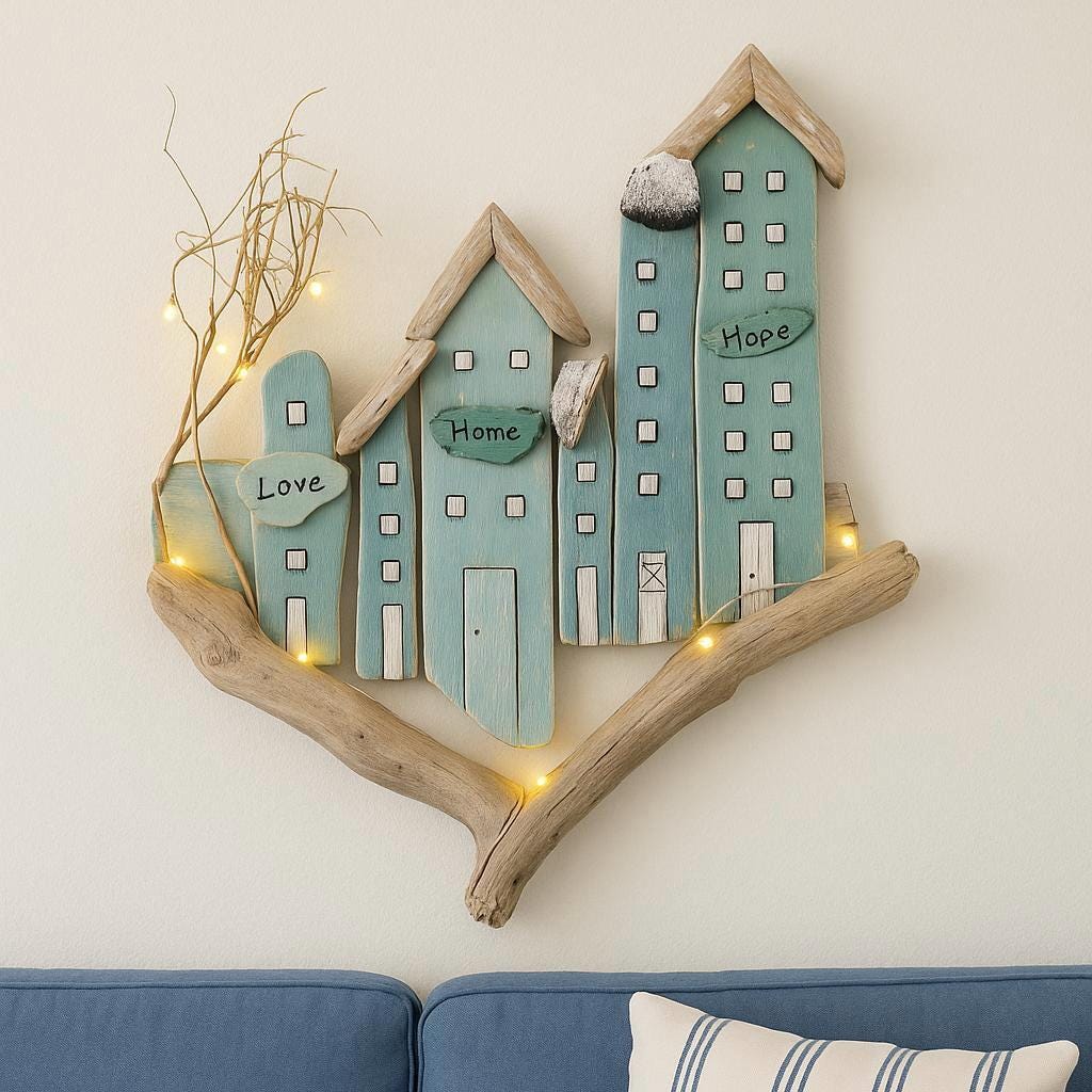 Beleuchtete Häuser Deko aus Treibholz – „Love, Home & Hope“ – Maritime Deko mit Lichterkette - Holzhäuschen im Winter