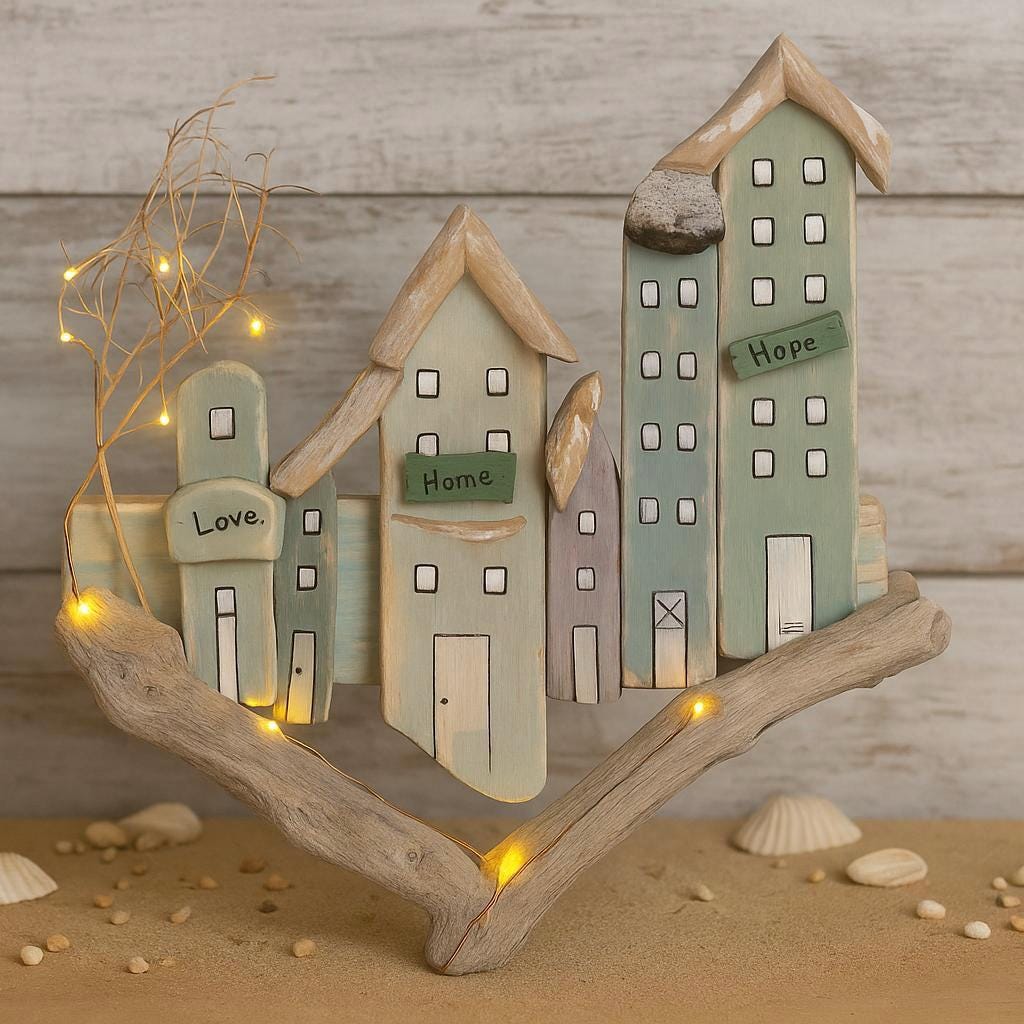 Beleuchtete Häuser Deko aus Treibholz – Maritime Deko mit Lichterkette - Handmade Geschenke - Holzhäuschen im Winter