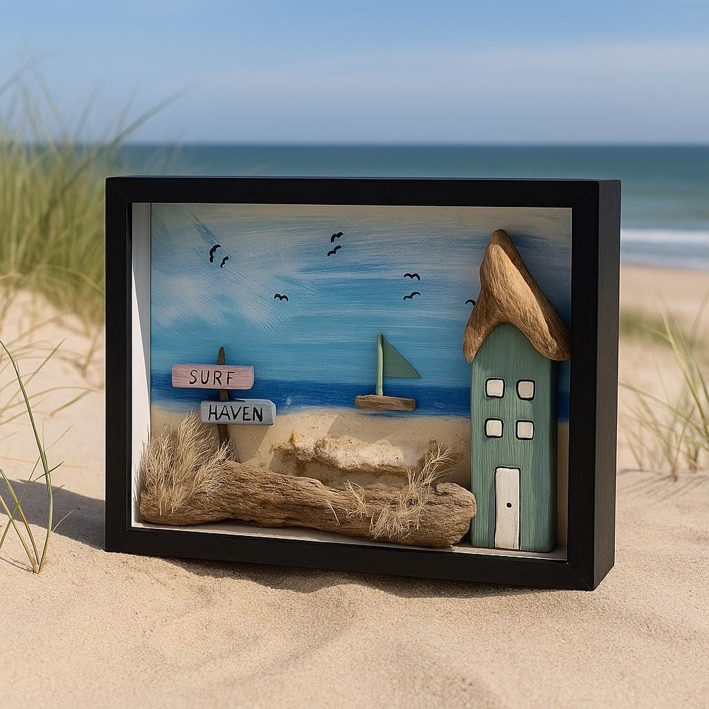 Diese handgefertigte maritime Schattenbox mit Holzhaus fängt die stille Weite des Meeres ein  von Treibholzzauber79