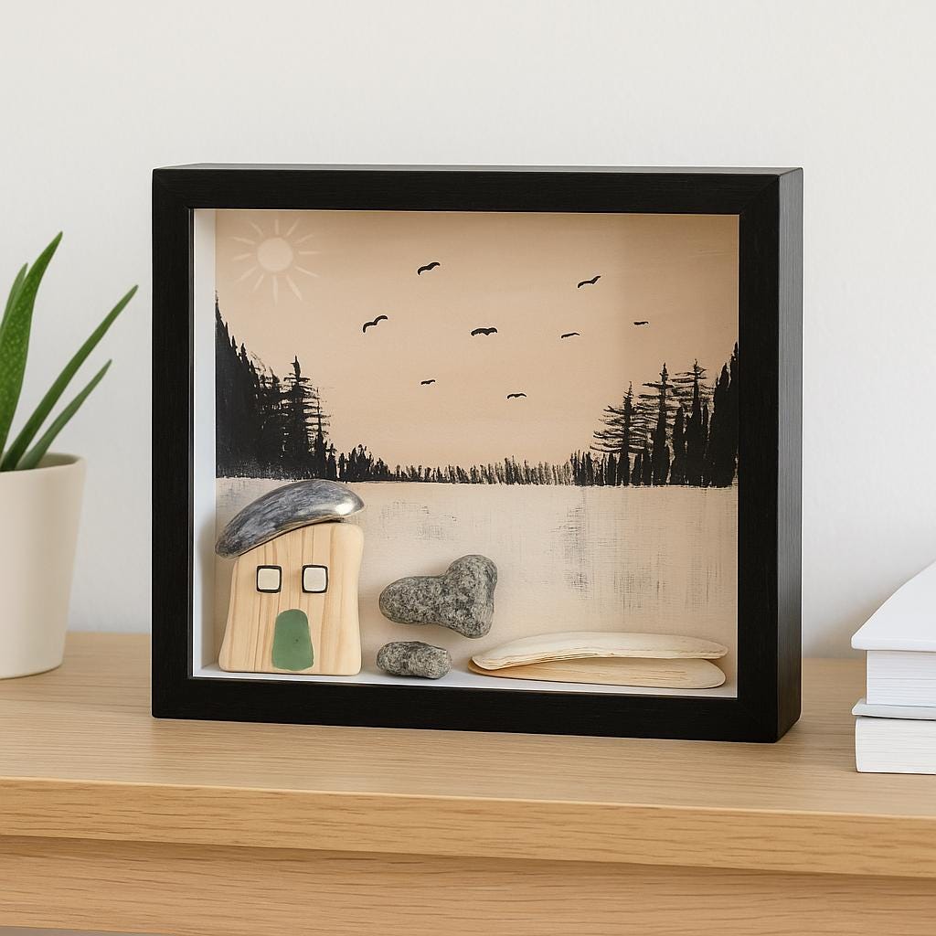 Maritimes Wandbild – handgefertigte Treibholz Deko mit Holzhaus & Dünen - maritime Deko, Handmade Geschenke
