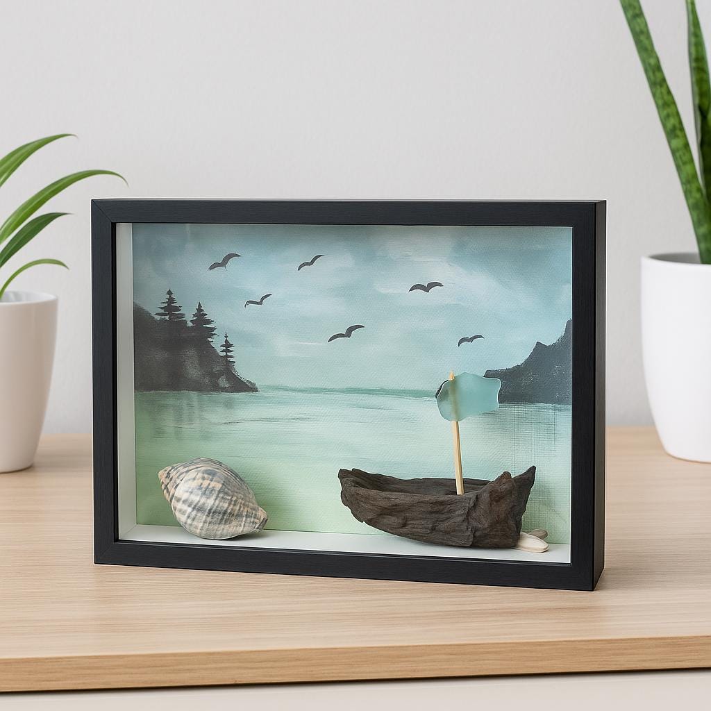 Ein gerahmtes Schattenbox-Kunstwerk mit einer ruhigen Landschaftsszene. Das Kunstwerk umfasst ein kleines Seegelboot